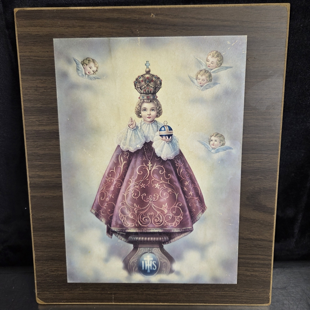 Source Unknown Vintage-Style Infant Jesus Print in Purple and Cream